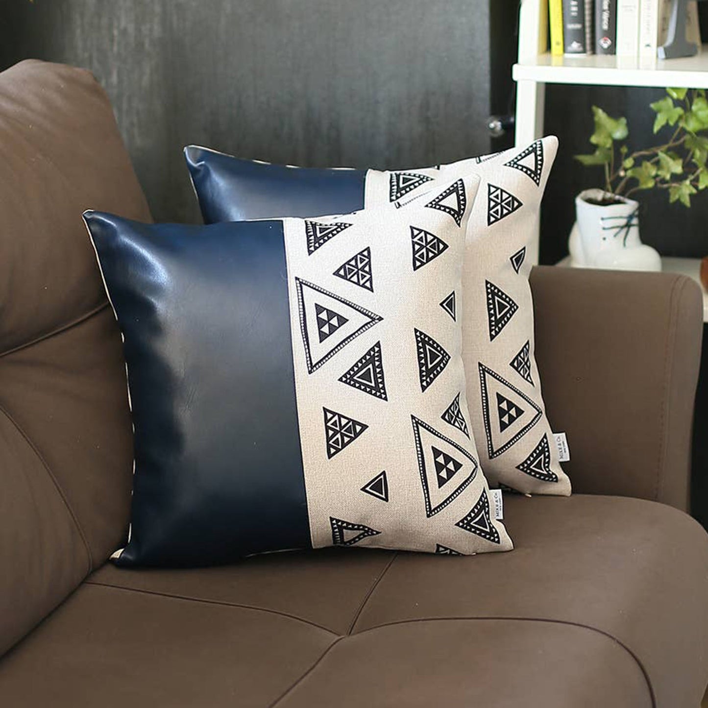 Set of 2 Vegan Faux Leather Handcrafted Decorative Throw Pillow Cover (Geometric Square)